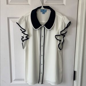 CeCe White Blouse with Black Trim and Ruffle Sleeves